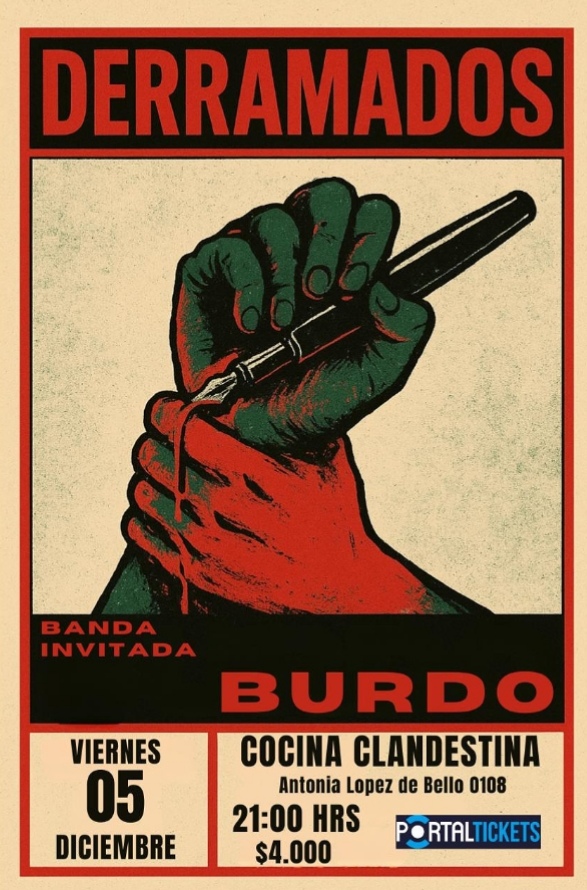 El próximo viernes 05 de diciembre el bar Cocina Clandestina será el punto de encuentro entre dos destacadas bandas de la escena independiente chilena: Derramados y Burdo.